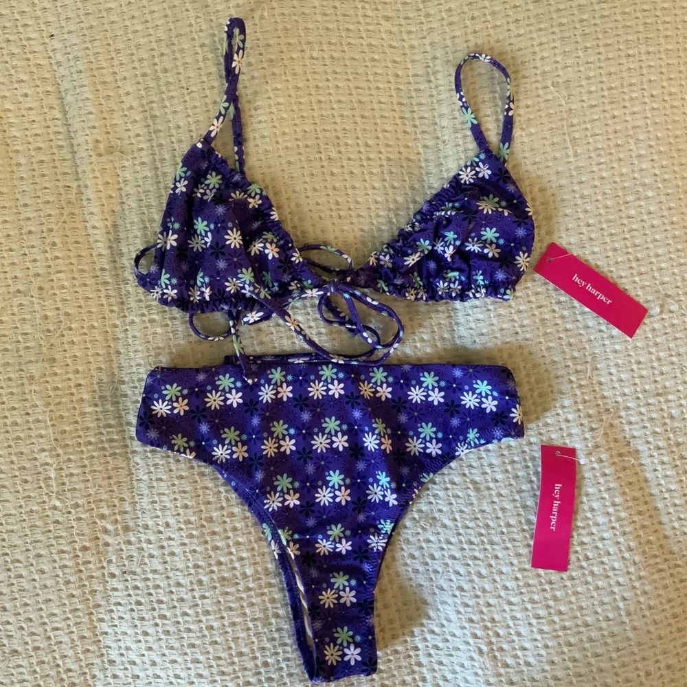 Hey Harper x Free People Purple Floral Retro Triangle String Tie Bikini Set NWT